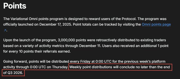 The image displays the "Points" section from Variational Omni documentation, detailing a points program launched December 17, 2025, where 3,000,000 points were retroactively distributed to existing traders, with weekly distributions ending no later than Q3 2026—aligning with the post's emphasis on the points season concluding in September alongside the VIP meetup in Seoul and potential TGE (token generation event) alpha.