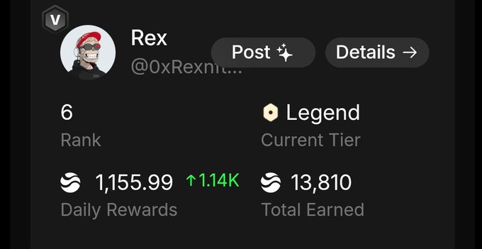 A Discord-style profile card shows the user "Rex" (@0xRexnit...) holding Rank 6 and the "Legend" tier, earning 1,155.99 SATS in daily rewards (up 1.14K) with 13,810 total earned. The image appears unrelated to the accompanying post about $RIVER and satUSD, as it simply displays the author's own leaderboard standing.
