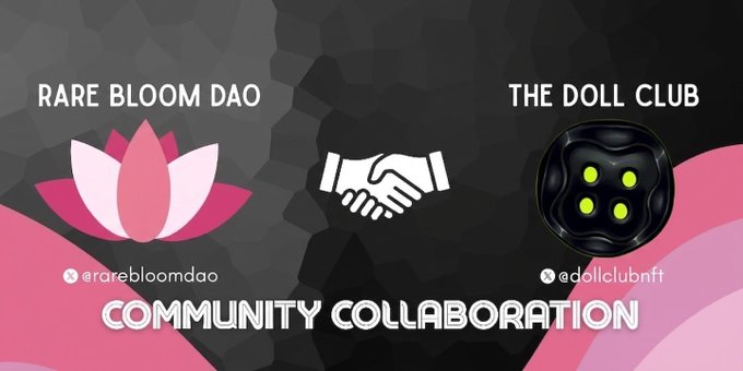 A graphic announcing a community collaboration between "Rare Bloom DAO" (@rarebloomdao) and "The Doll Club" (@dollclubnft), featuring their respective logos flanking a handshake icon on a dark background with pink accents. The visual represents the partnership for The Doll Club's free mint NFT collection, emphasizing the community collaboration theme at the heart of the announcement.