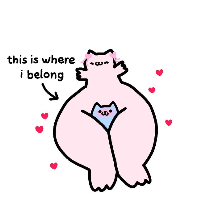 A cute cartoon illustration shows a large fluffy pink cat standing upright with a small blue kitten nestled between its legs, surrounded by floating pink hearts. Text with an arrow pointing to the cat reads "this is where i belong."