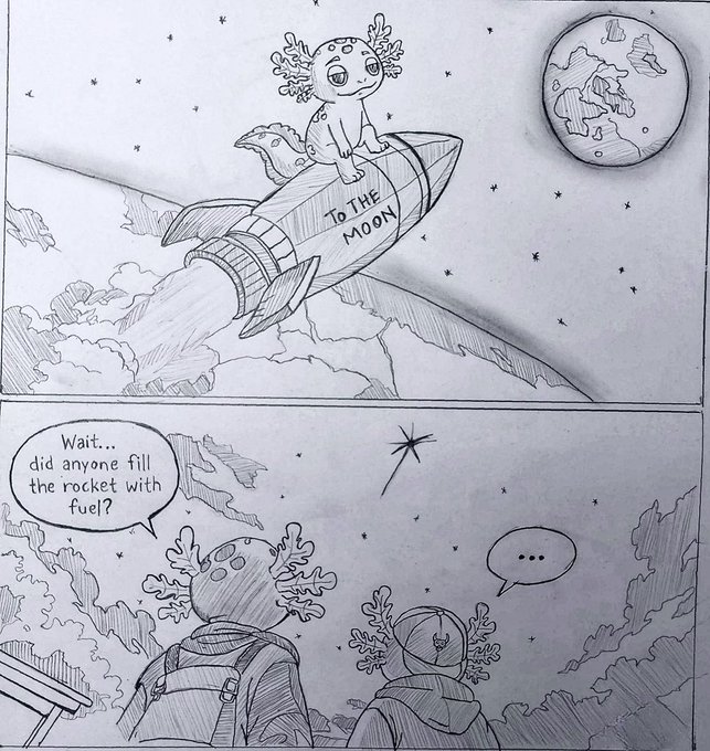 A two-panel pencil-drawn comic showing a coral-like creature riding a rocket labeled "TO THE MOON" in the first panel, followed by a second panel where two characters ask "Wait... did anyone fill the rocket with fuel?" while staring into space.