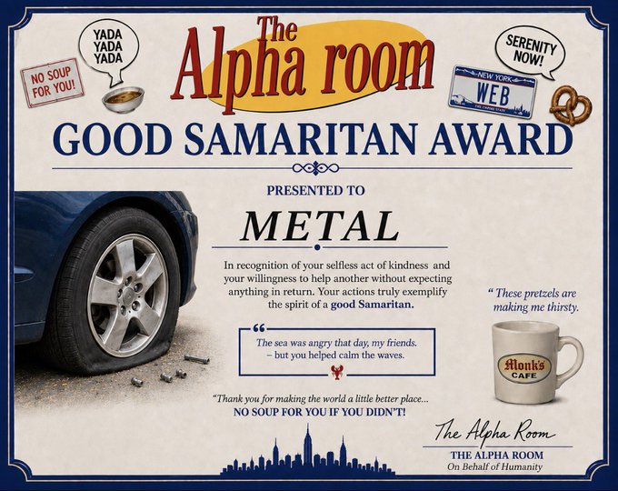 A "Good Samaritan Award" certificate from The Alpha Room, presented to "METAL," featuring a Seinfeld-themed design with references to "No Soup For You," "Serenity Now," Monk's Café, and the New York skyline, alongside an image of a damaged car tire and lug nuts on the ground—visually representing the post's story about Metal helping @web3smb change a blown tire.