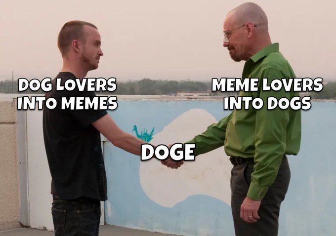 A handshake meme showing 'DOG LOVERS INTO MEMES' and 'MEME LOVERS INTO DOGS' meeting in the middle labeled 'DOGE' with the Statue of Liberty logo.