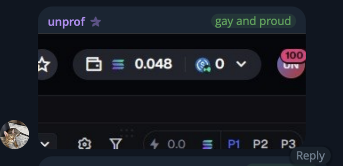 A screenshot of a profile showing "unprof ⭐" with the status "gay and proud" and extremely low numbers (0.048 and 0), reinforcing the post's sentiment of being stuck in a repetitive, unprofitable cycle.