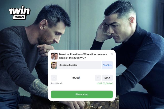 The image shows a man sitting next to another man who has his head resting on his hand while looking at something off-camera, possibly a phone screen or a computer monitor. The background of the image features two men's faces with text that reads "twin" and "win token". The post is about a soccer match between two famous soccer players, Messi and Ronaldo, who are competing for the title of the most goals scored at the 2026 World Cup. The post also includes an advertisement for a cryptocurrency called Solana, which has been associated with the post.