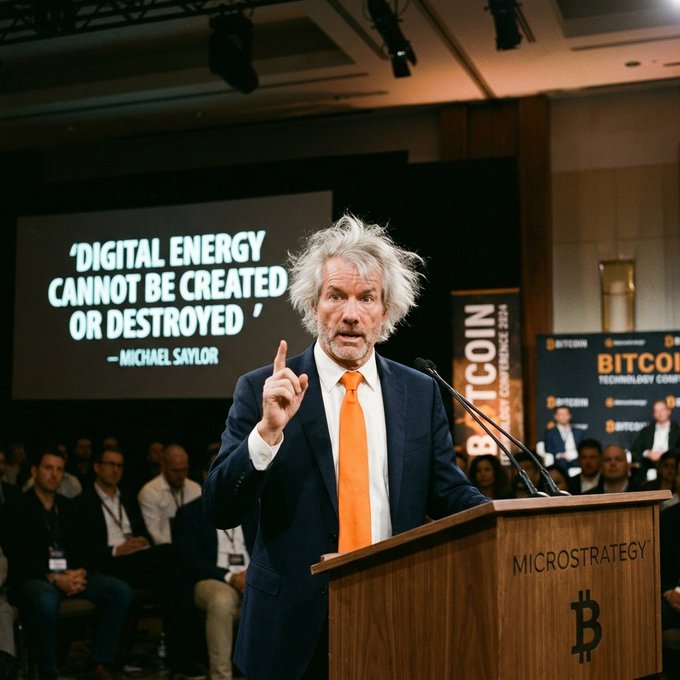 A disheveled man in a suit with an orange tie passionately gestures at a podium bearing the "MicroStrategy" and Bitcoin logos, while a screen behind him displays the quote "'DIGITAL ENERGY CANNOT BE CREATED OR DESTROYED' — MICHAEL SAYLOR" at what appears to be a Bitcoin Technology Conference. The image relates to the post by depicting Michael Saylor, the MicroStrategy chairman known for his bold Bitcoin advocacy, highlighting the firm's continued commitment to its BTC holdings as $STRC recovers toward par value.