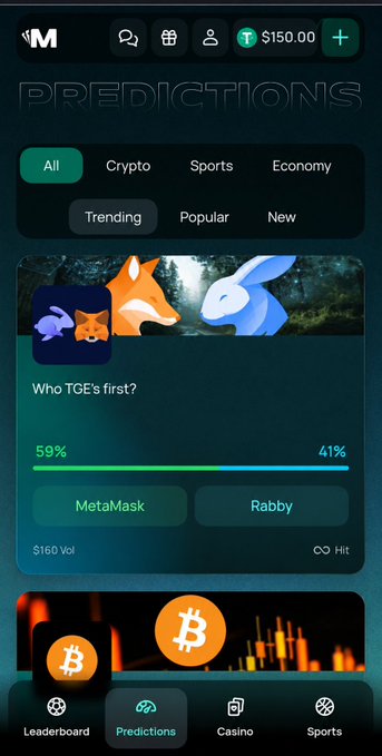Screenshot of the Polymarket predictions app showing a market titled 'Who TGE's first?' between MetaMask (59%) and Rabby (41%) under the Crypto category.