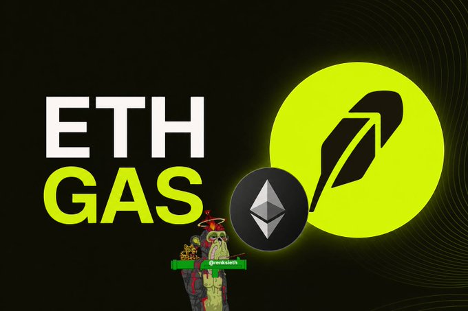 A promotional graphic featuring "ETH GAS" text alongside an Ethereum logo, a large green "P" symbol, and a small cartoon character labeled "renksicth".