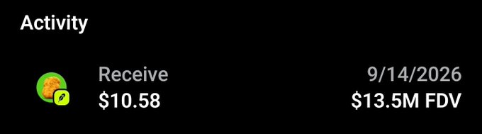 A mobile app activity screen showing a 'Receive' transaction of $10.58 dated 9/14/2026, with a total of $13.5M FDV next to a taco emoji icon.