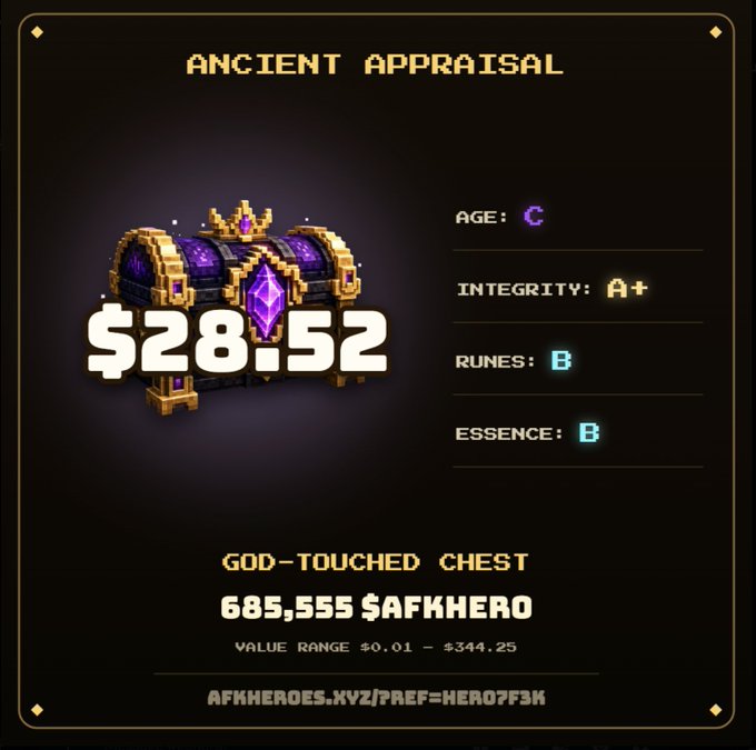 An "Ancient Appraisal" screen displays a God-Touched Chest valued at $28.52, with stats including Age: C, Integrity: A+, Runes: B, and Essence: B. The selling price of 685,555 $AFKHERO is listed with a value range of $0.01 - $344.25, confirming the post's celebration of the player's profitable chest pull.