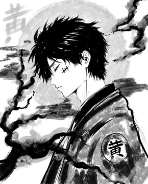 A black and white manga-style illustration depicts a dark-haired male character with a stitched cheek wound, wearing a coat with the Japanese kanji '黄' (yellow) displayed in multiple places around him.
