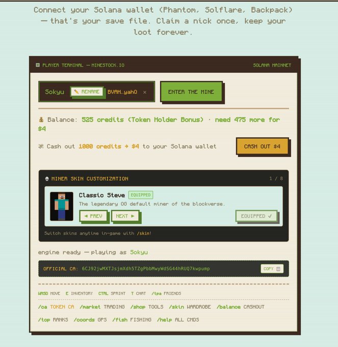 A retro terminal-style interface titled "PLAYER TERMINAL - MINESTOCK.IO" on the Solana Mainnet, showing a player named "Sokyu" with a 525 credit balance, the "Classico Steve" skin equipped, and commands for trading, inventory, and cashing out.
