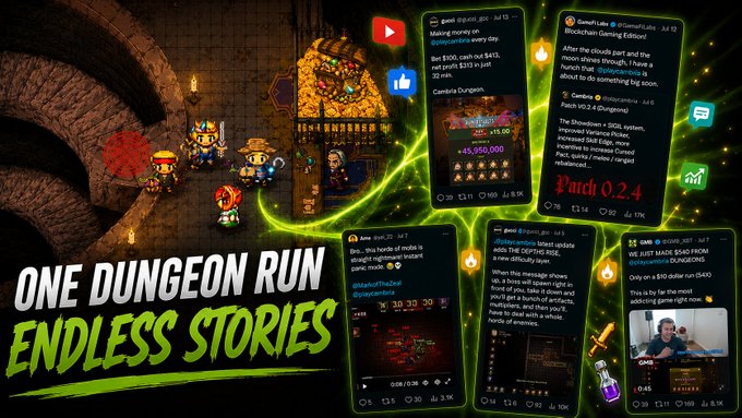 A promotional banner for a game titled 'ONE DUNGEON RUN ENDLESS STORIES' featuring pixel art characters and several social media posts about 'Patch 0.2.4' and 'Redz Summoning'.