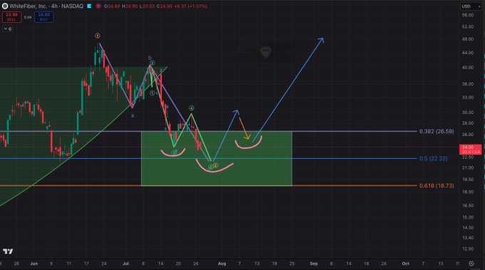 A financial chart of WhiteFiber, Inc. (WFI) on the NASDAQ 4-hour timeframe shows candlestick patterns with Elliott Wave labels (1-5, a-c) and Fibonacci retracement levels at 0.382, 0.5, and 0.618.