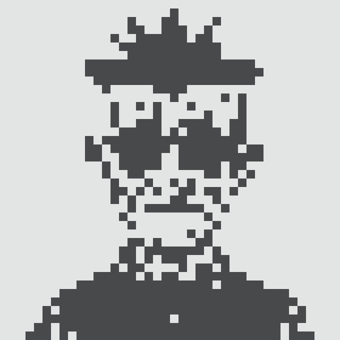 A pixel art portrait of a man wearing sunglasses and a collared shirt, rendered in dark tones against a white background.