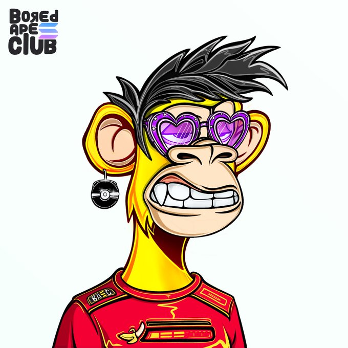 A golden Bored Ape character with spiky black hair, heart-shaped purple sunglasses, and a wide grin wears a red racing-style jacket, while the "Bored Ape Club" logo appears in the top left corner—showcasing the limited-edition gold variant being given away as only 8% of the Bored Ape Sol Club mint remains.