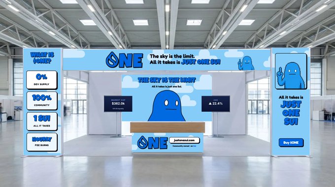 A 3D rendering of a Sui blockchain exhibition booth featuring a blue ghost mascot, with promotional text reading 'The sky is the limit. All it takes is JUST ONE SUI' and displays showing market cap $362.0K and 22.4% change.