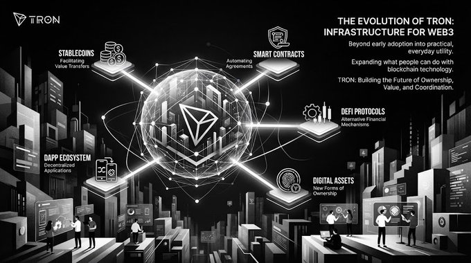 TRON blockchain infographic titled 'The Evolution of TRON: Infrastructure for Web3' highlighting stablecoins, smart contracts, DeFi protocols, DApp ecosystem, and digital assets.