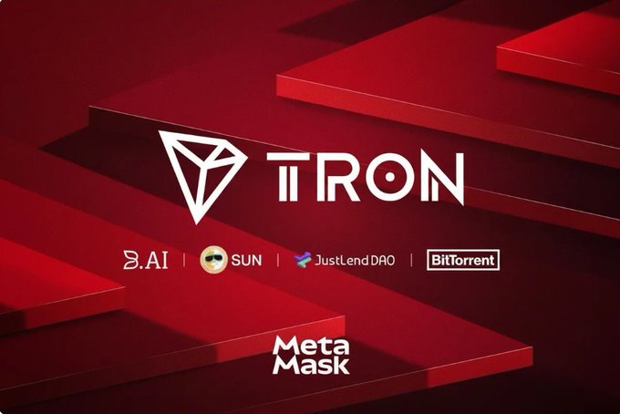 A promotional graphic featuring the TRON logo with associated brands including B.AI, SUN, JustLend DAO, BitTorrent, and MetaMask on a red background.