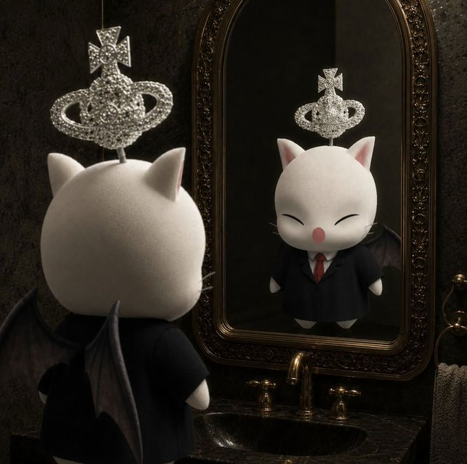 A cute white plush character with a jeweled Vivienne Westwood-style orb pendant, bat wings, and a black suit with red tie looks into an ornate gold-framed mirror above a marble bathroom sink, where its reflection reveals its smiling face. The image ties to the post about a mysterious "kupo" reveal, presenting the plush toy as the soon-to-be-unveiled sold-out item.