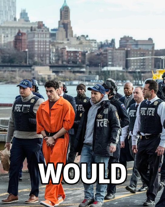 A man in an orange jumpsuit is escorted by NYPD officers, with the word "WOULD" displayed prominently at the bottom of the image. The scene appears to show a high-profile arrest near a waterfront, paired with the post text "Legend" to create a humorous meme suggesting the person's imprisonment elevates their legendary status.