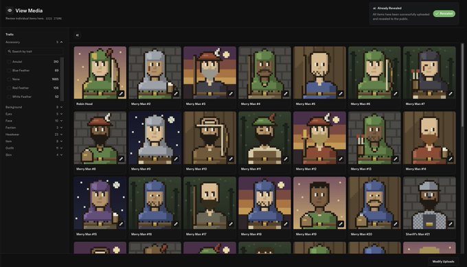 A digital media gallery interface titled 'View Media' displays a collection of pixel-art 'Merry Men' NFT characters with various attributes like hats, beards, and accessories shown in the sidebar filters.