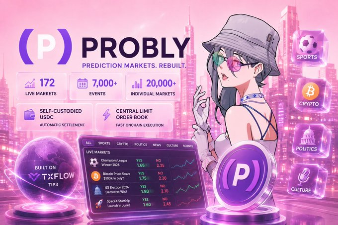 The image is a promotional graphic for Probly, featuring an anime-style character alongside stats like "172 Live Markets," "7,000+ Events," and "20,000+ Individual Markets," highlighting categories such as Sports, Crypto, Politics, and Culture on a neon pink, futuristic background. It visually supports the post by emphasizing Probly's expansion beyond just politics and crypto into broader prediction market categories.