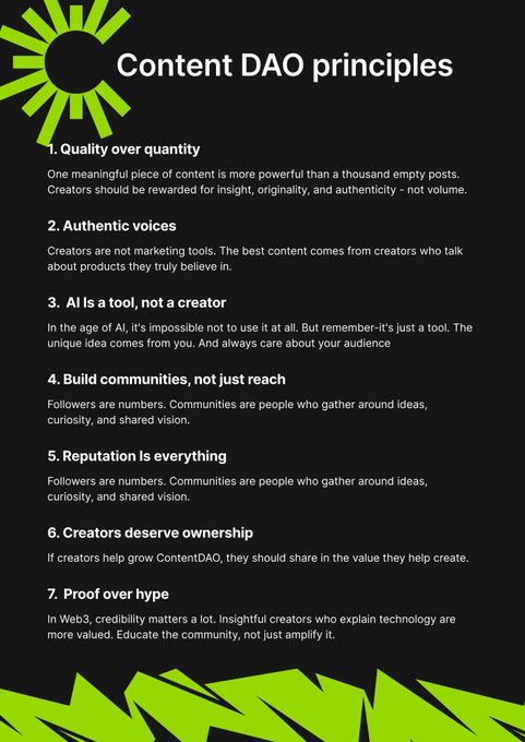 Infographic titled 'Content DAO principles' listing seven principles: Quality over quantity, Authentic voices, AI is a tool not a creator, Build communities not just live, Reputation is everything, Creators deserve ownership, and Proof over hype, with a green sun logo.