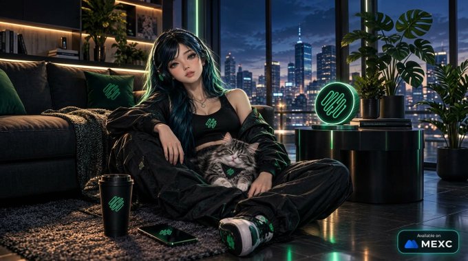 The image shows a young woman with blue hair sitting in a modern living room with a city skyline view at night, petting a fluffy cat while holding a cup, with the Hivello "HVLO" logo prominently displayed in neon green. The post's reference to Bitcoin cloud mining and GPU/AI compute aligns with the futuristic, tech-savvy aesthetic of the image, which evokes the digital and computing themes Hivello is building toward.