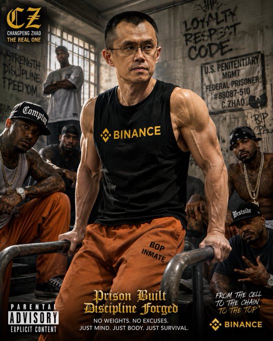 An album-cover style parody image shows "C.Z. Changpeng Zhao" in a prison setting, wearing a Binance-branded tank top and orange "BOP INMATE" pants, with graffiti reading "LOYALTY RESPECT CODE" and "STRENGTH DISCIPLINE FREEDOM" on the walls, captioned "Prison Built Discipline Forged."

The image humorously depicts CZ (Binance's CEO) as a prison-hardened, muscular figure, visually satirizing the post's comment about him being the "slim muscle" crypto figure, though ironically portraying him as physically bulky rather than slim.