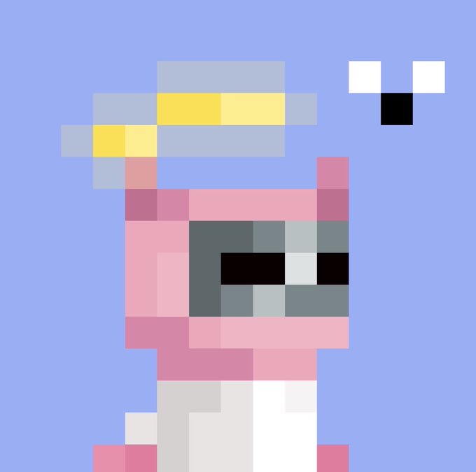 A low-resolution pixel art depiction of a pink axolotl-like character with a gray helmet or face covering, set against a solid light blue background with a small white and black icon in the upper right.