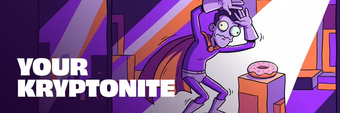 An illustration of a cartoonish villain with a purple cape reacting in fear to a glowing pink donut on a pedestal, with the bold white text 'YOUR KRYPTONITE' displayed on the left against a purple cityscape background.