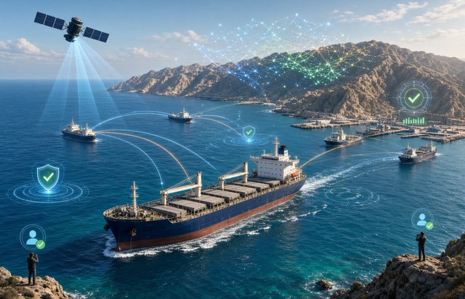 A conceptual digital illustration depicts a maritime scene with cargo vessels and ships in a coastal harbor, overlaid with glowing tech graphics including a satellite, network nodes, and checkmark icons symbolizing global tracking or shipping technology.