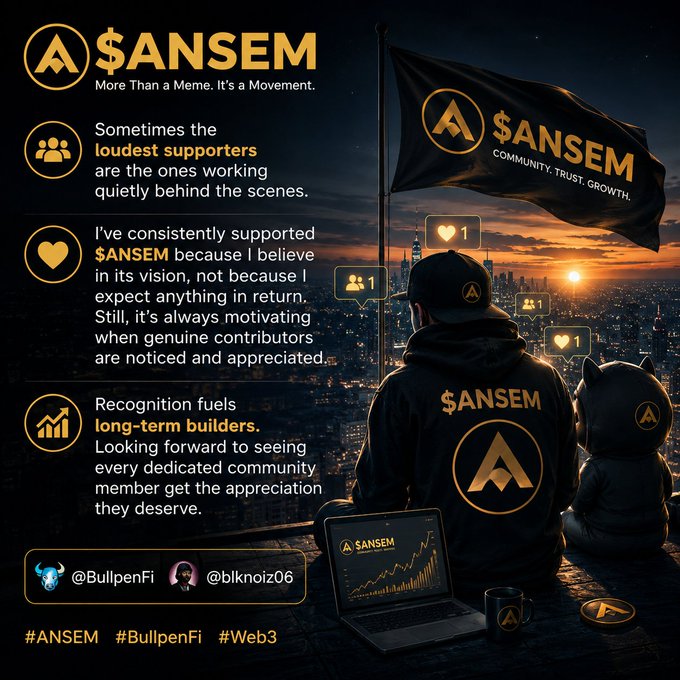 A promotional graphic for '$ANSEM - More Than a Meme. It's a Movement' featuring text about community support, long-term builders, and tags #ANSEM, #BullpenFi, #Web3, with handles @BullpenFi and @blknoiz06.