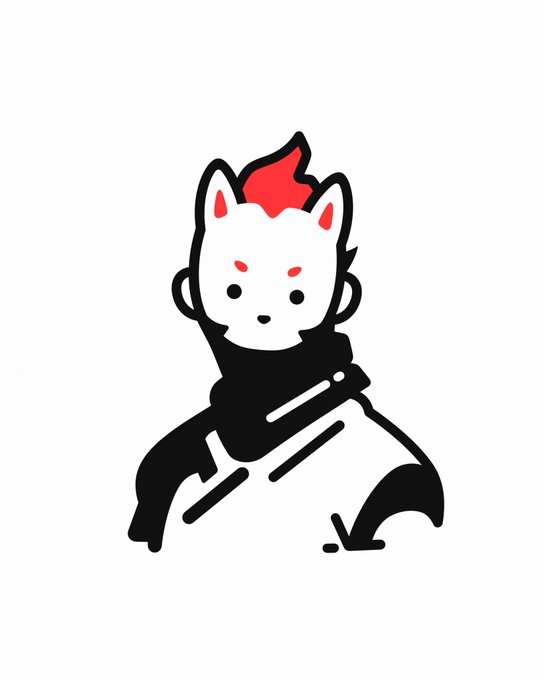 A stylized illustration of a white fox-like character with red accents on its ears and forehead, wearing black ninja-like attire and posed in a crouched, martial arts stance.