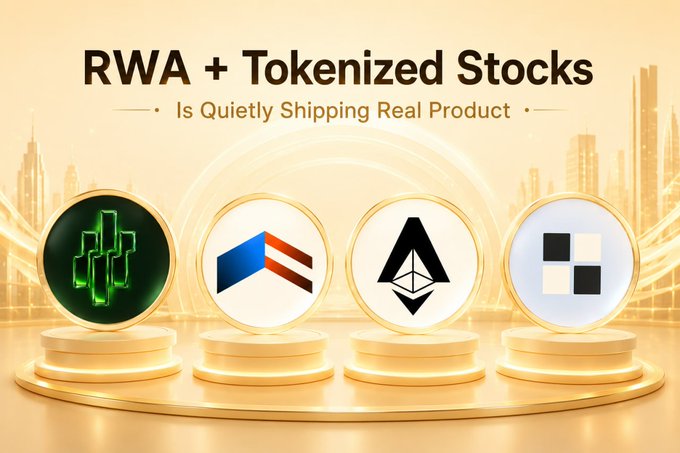 Promotional graphic titled 'RWA + Tokenized Stocks' with subtitle 'Is Quietly Shipping Real Product,' featuring four cryptocurrency logos including Ethereum displayed on golden pedestals.