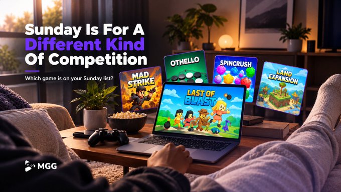 A person relaxes on a couch with a laptop displaying "LAST OF BLAST" alongside floating game tiles for "MAD STRIKE," "OTHELLO," "SPINCRUSH," and "LAND EXPANSION," with the MGG logo in the corner. The ad promotes the MGG Arena as a stay-at-home Sunday gaming option, matching the post's call to choose a fun game to play indoors.