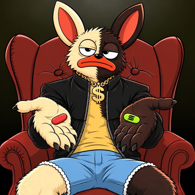 A cartoon illustration of a half-cream/half-brown furry character wearing a black jacket, gold dollar-sign chain, and blue shorts, sitting in a red armchair.
