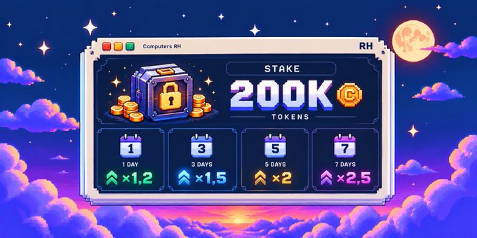 A retro pixel-art staking interface titled "Computers RH" floats against a starry night sky, showing a locked chest beside "STAKE 200K TOKENS" with lock-period options: 1 day (×1.2), 3 days (×1.5), 5 days (×2), and 7 days (×2.5)—directly matching the multi-tier staking rewards announcement.