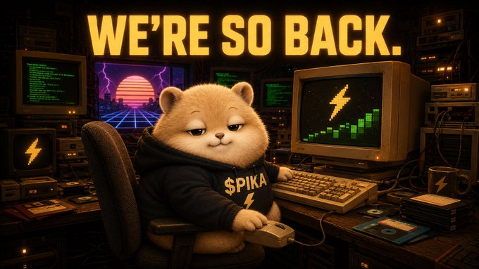 A retro-style digital illustration of a chubby Shiba Inu dog wearing a black hoodie with '$PIKA' text, sitting at a vintage computer setup with CRT monitors displaying retro graphics, accompanied by the text 'WE'RE SO BACK.'
