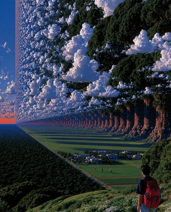 A surreal landscape showing a person with a red backpack looking out over a valley, where the sky contains repeated massive tree formations and clouds.