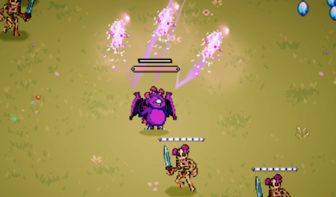 Pixel art game screenshot showing a purple demon/bat character with health bars being attacked by skeletal warriors wielding blue swords, with purple spell effects in the air on a green grassy field.