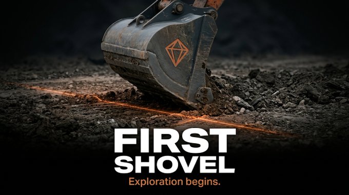 An excavator bucket cracks open dark earth with glowing orange veins, above bold text reading "FIRST SHOVEL — Exploration begins." The image visually anchors the post's message of boots-on-the-ground fieldwork at Tsagaan Tolgoi, symbolizing the literal groundbreaking start of real mineral exploration.