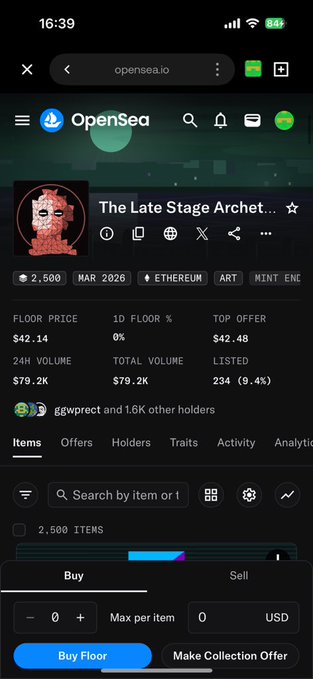 The image shows an OpenSea NFT collection page for "The Late Stage Architect" with a floor price of $42.14, 24H volume of $79.2K, and 2,500 items total, indicating it as a profitable mint opportunity being shared within the alpha group. The screenshot confirms the user's success in minting from a collection highlighted by community insiders, with strong early trading volume validating the alpha call.