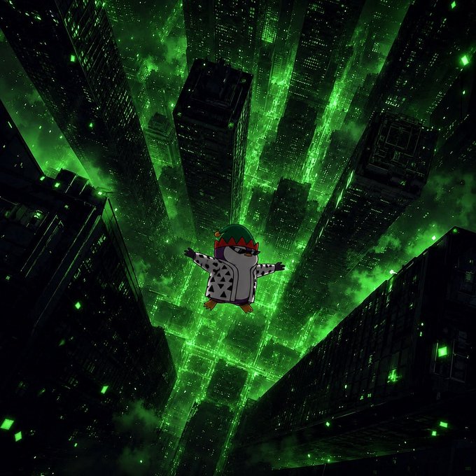 A small cartoon character wearing a green hat floats with arms outstretched above a futuristic cityscape illuminated in glowing green light.