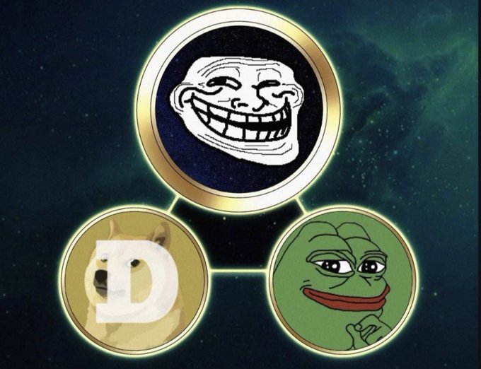 Three meme coins—Dogecoin ($D), Pepe ($PEPE), and Troll ($TROLL), represented by the classic troll face—are linked together against a starry background, with the Troll coin positioned prominently at the top to emphasize its superiority. The image visually reinforces the post's message that $TROLL outshines the more popular Dogecoin and Pepe memes as the "greatest meme of all time."