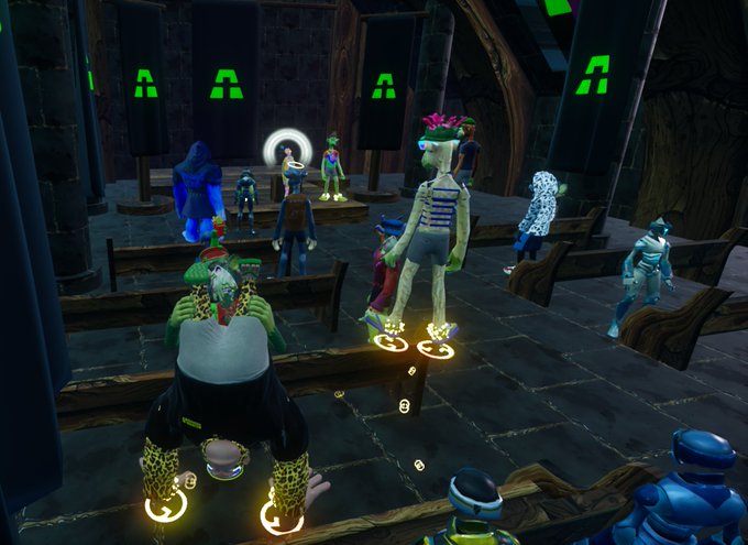 A virtual 3D environment shows various avatar characters gathered in what appears to be a digital venue or game space.
