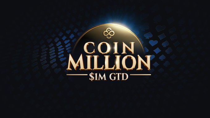The image displays a "COIN MILLION $1M GTD" logo with gold lettering on a dark background filled with faint poker suit symbols, representing a poker tournament promotion. This visual ties directly to the post announcing daily CoinMillion satellite ticket giveaways, where players can qualify for a $1 million guaranteed prize pool on CoinPoker.