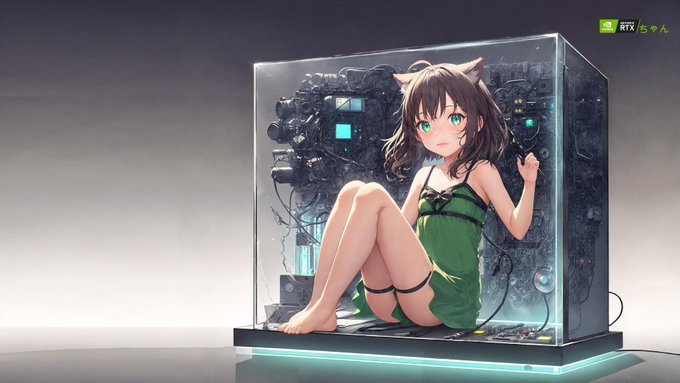 An anime-style character with cat ears sits inside a transparent glass enclosure filled with mechanical components and wires, with "RTX ちゃん" (RTX Chan) labeled in the upper right corner. The image illustrates the "RTXCHAN" token mentioned in the post, visually branding the cryptocurrency with its mascot persona.