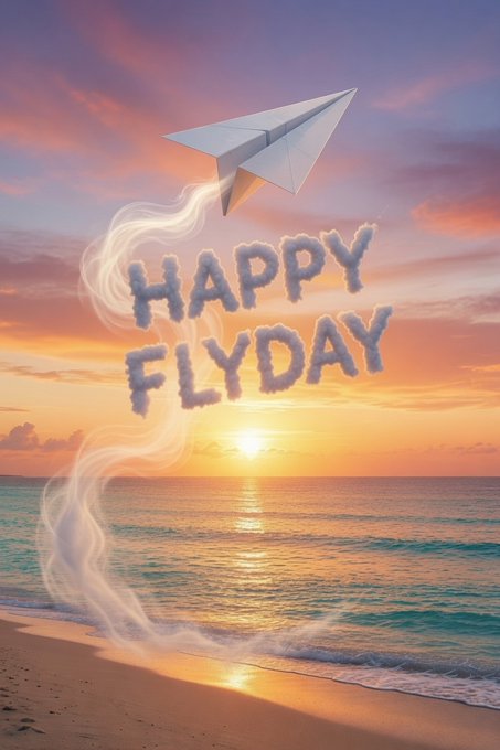 A vibrant sunset beach scene with a paper airplane flying through the sky, leaving cloud-like text trails that spell 'HAPPY FLYDAY' against a colorful orange and pink sky.